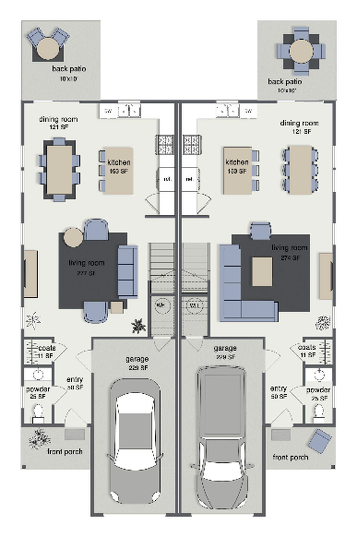 Builder's main floor plan for both homes: garages side by side at the front centre, entries, powder rooms and covered porches at the outer edges, living, dining and kitchen to the rear with back patios.